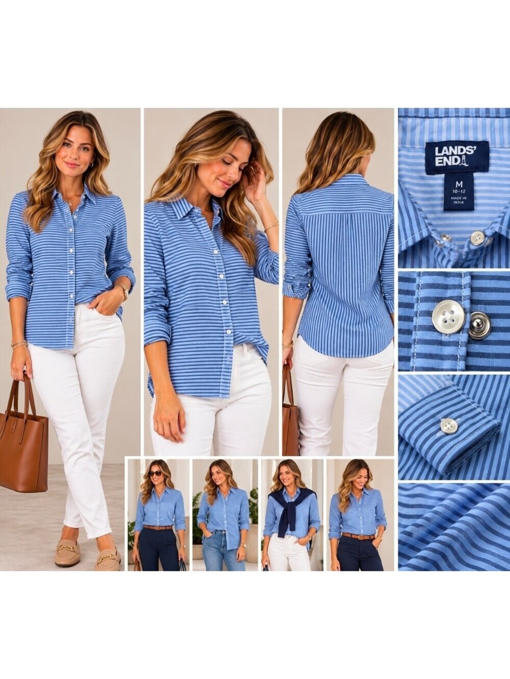 Lands' End Women's M 10-12 Blue Striped Button Down Shirt NWT Pearl Snap Stretch